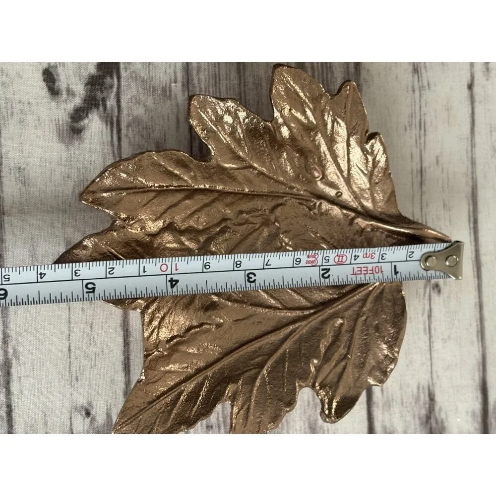PAIR Pier One Fall Leaf Shaped Rose Gold Plates Metal Trinket Trays Decor 5”